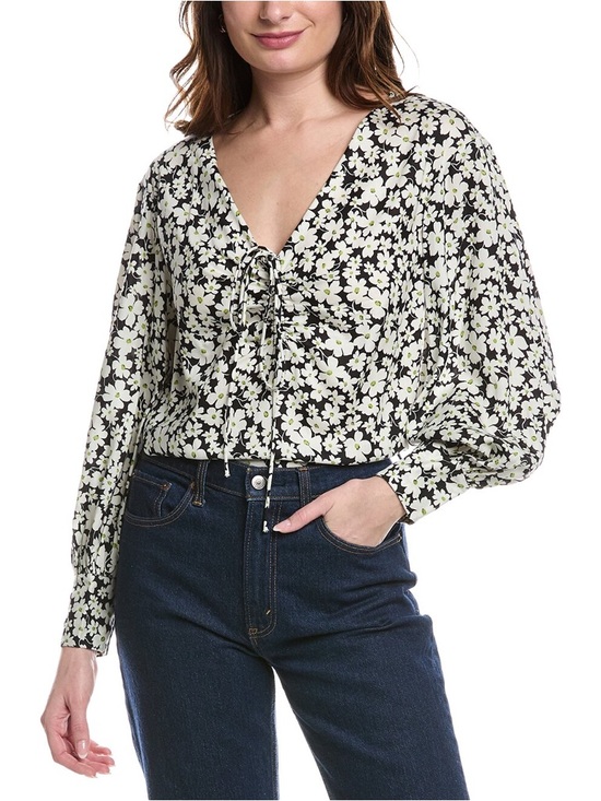Rebecca Taylor Paige Fleur Drawstring Blouse Black White Floral Size 10 NWT